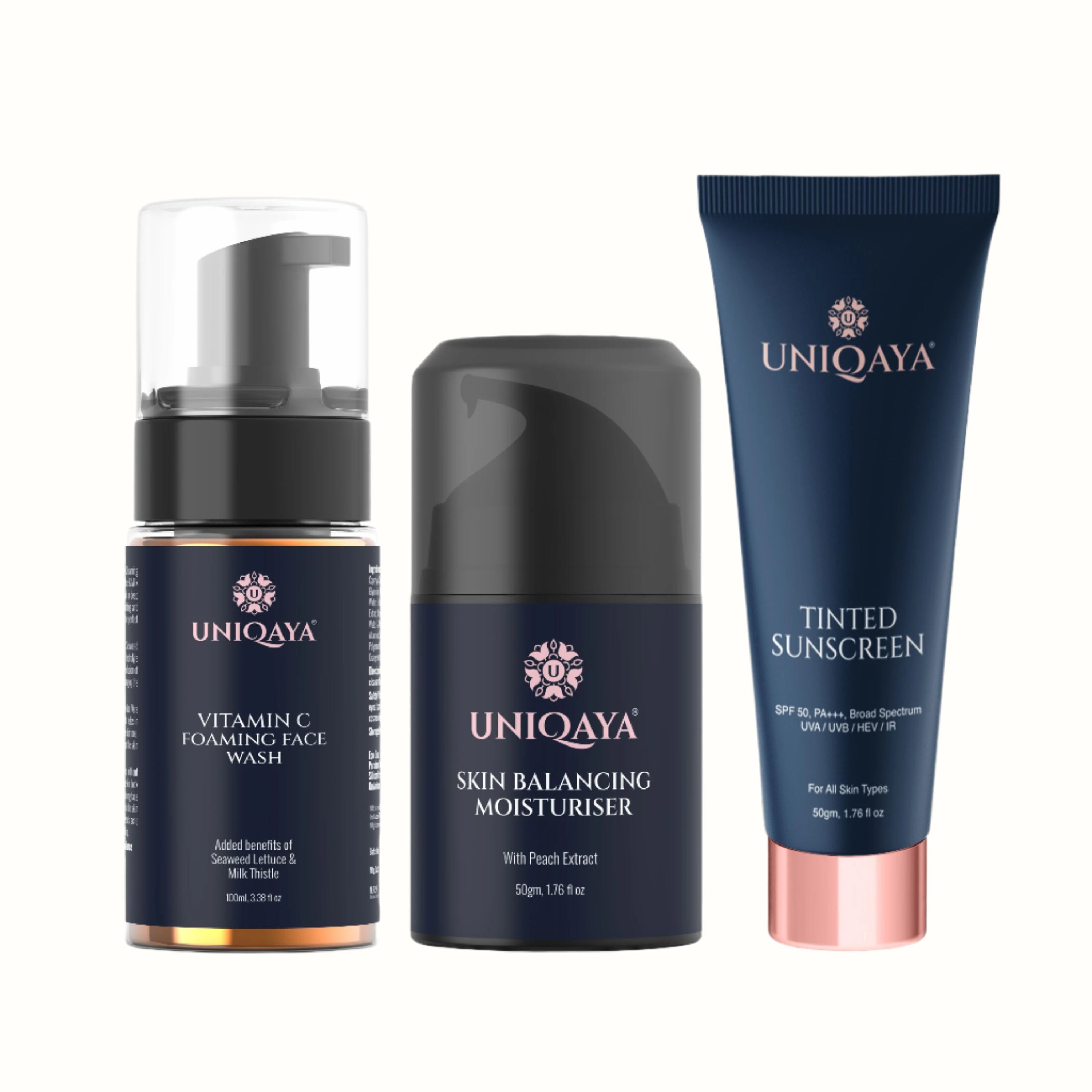 Uniqaya Vitamin C Foaming Face Wash, Skin Balancing Moisturiser, and Tinted Sunscreen  Skin Care Combo Pack