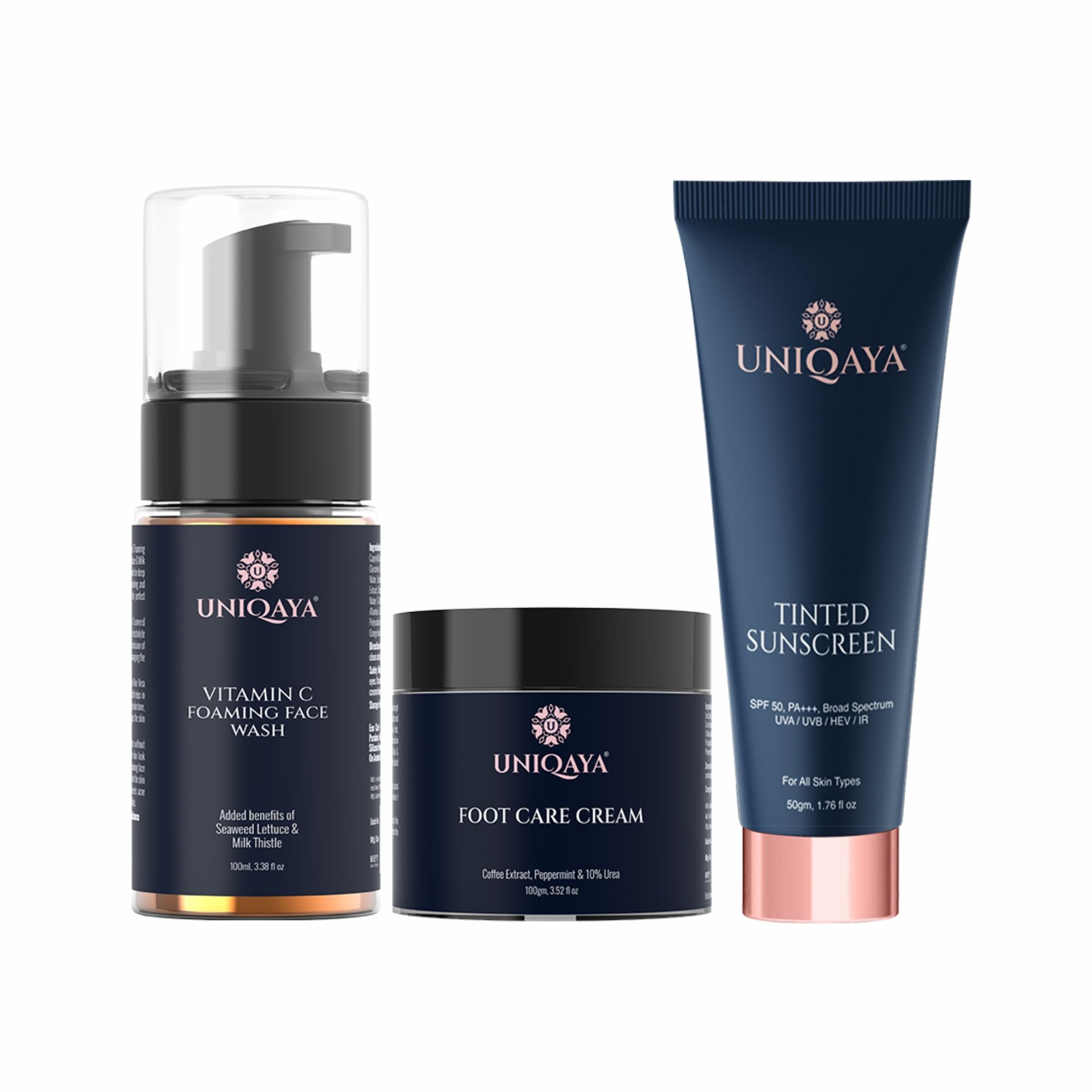 Uniqaya Foot Care Cream For Dry & Rough Heels and Vitamin C Face Wash and Tinted Sunscreen SPF50 For Combo Pack | Skin Care Combo