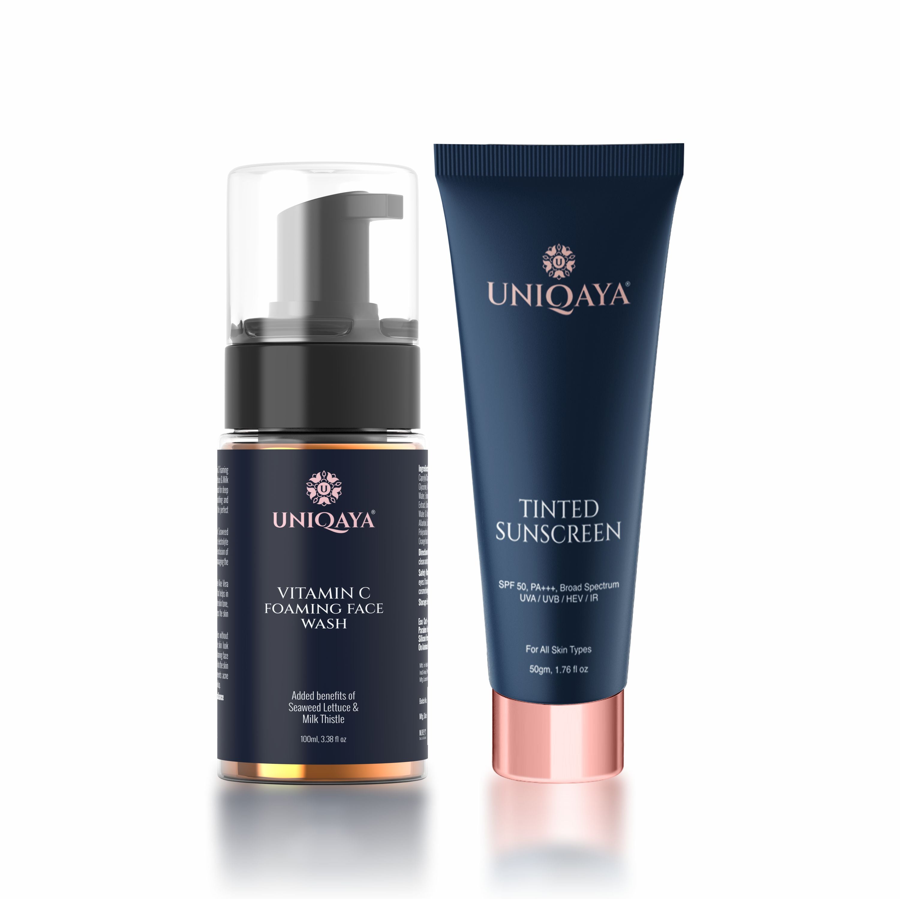 Uniqaya Vitamin C Foaming Face Wash and Tinted Sunscreen | Skin Care Combo Pack