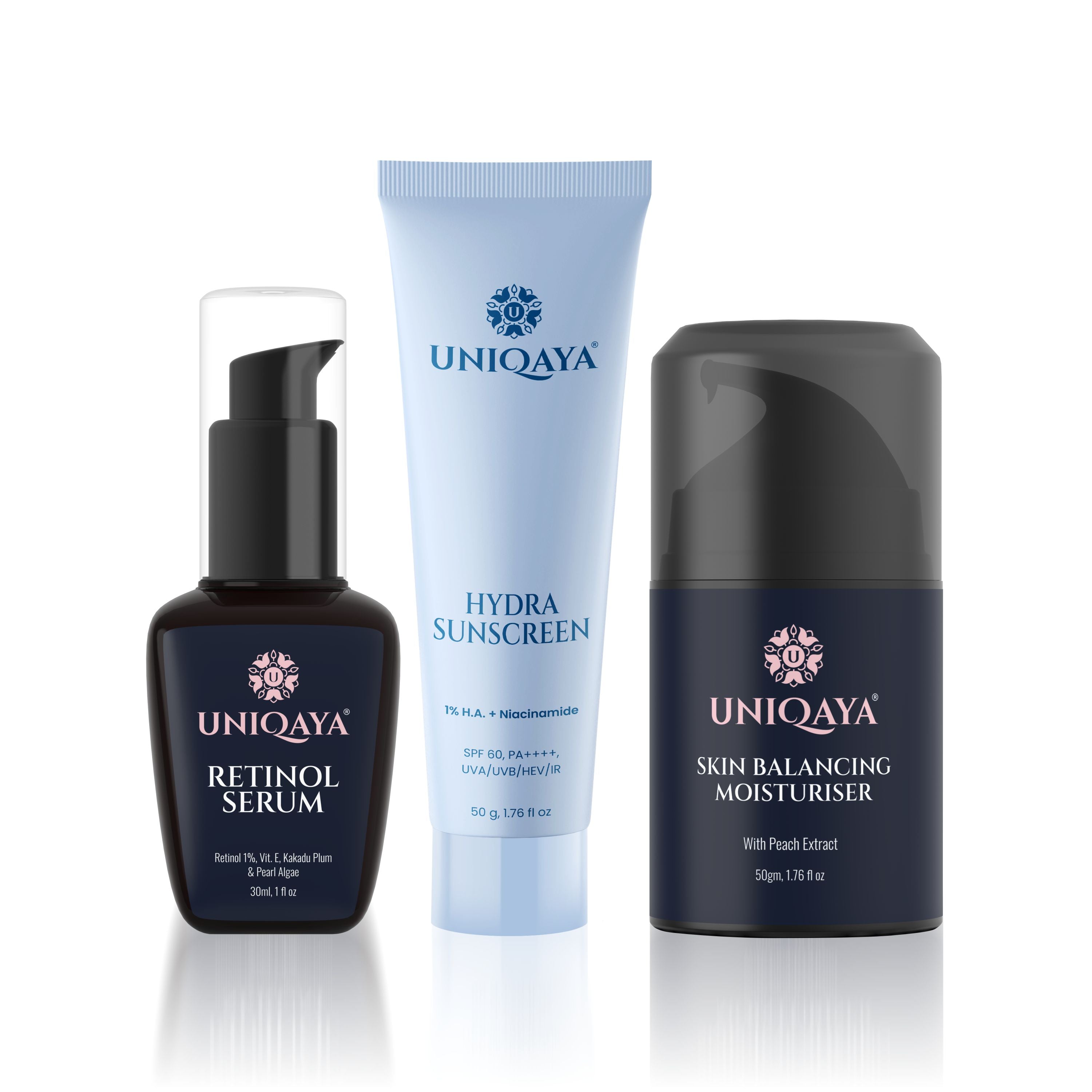 Retinol Serum, Skin Balancing Moisturiser, and Hydra Sunscreen | Skin Care Combo Pack