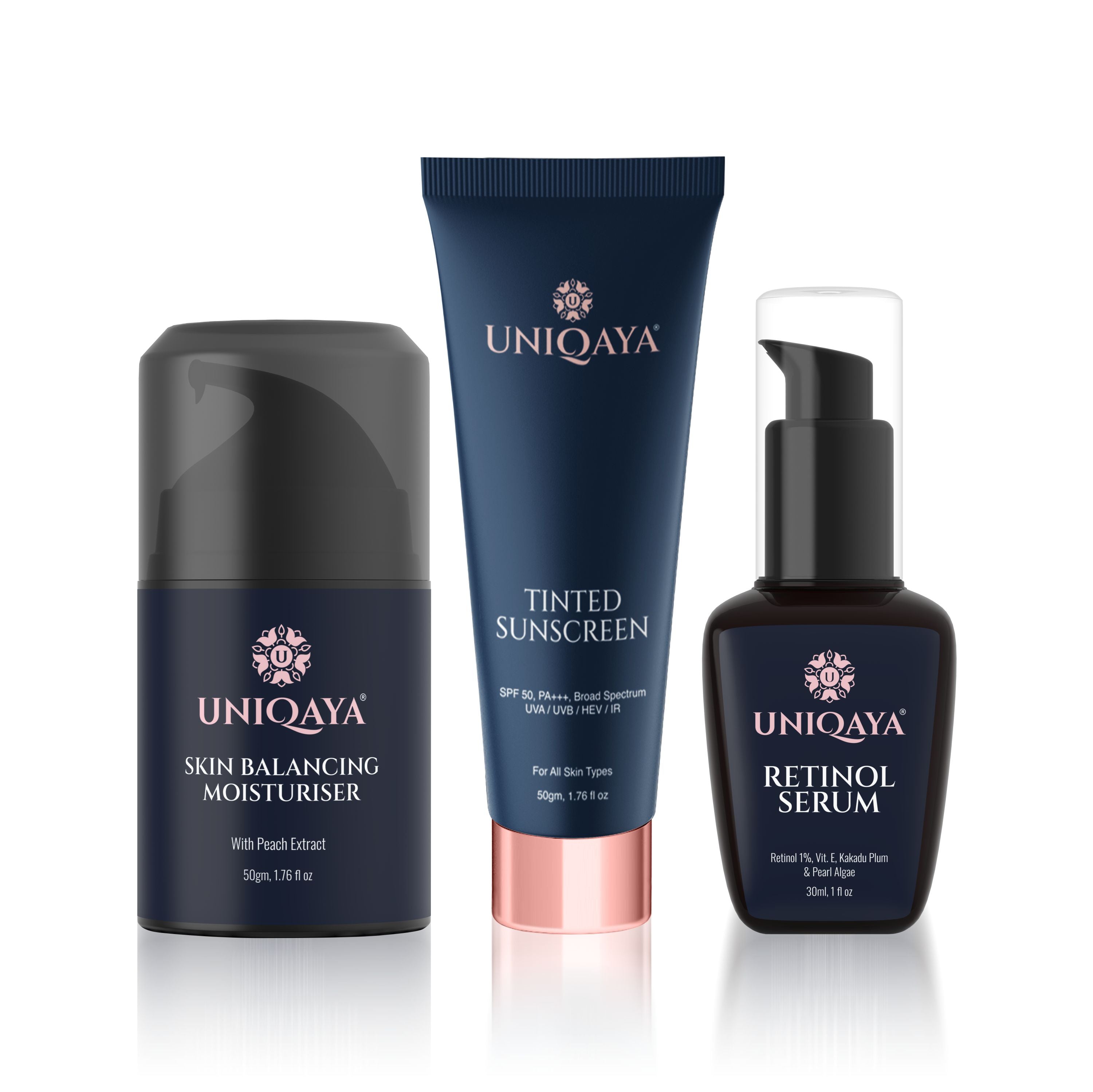 Skin Balancing Moisturiser, Tinted Sunscreen SPF 50, and 1% Encapsulated Retinol | Skin Care Combo Pack