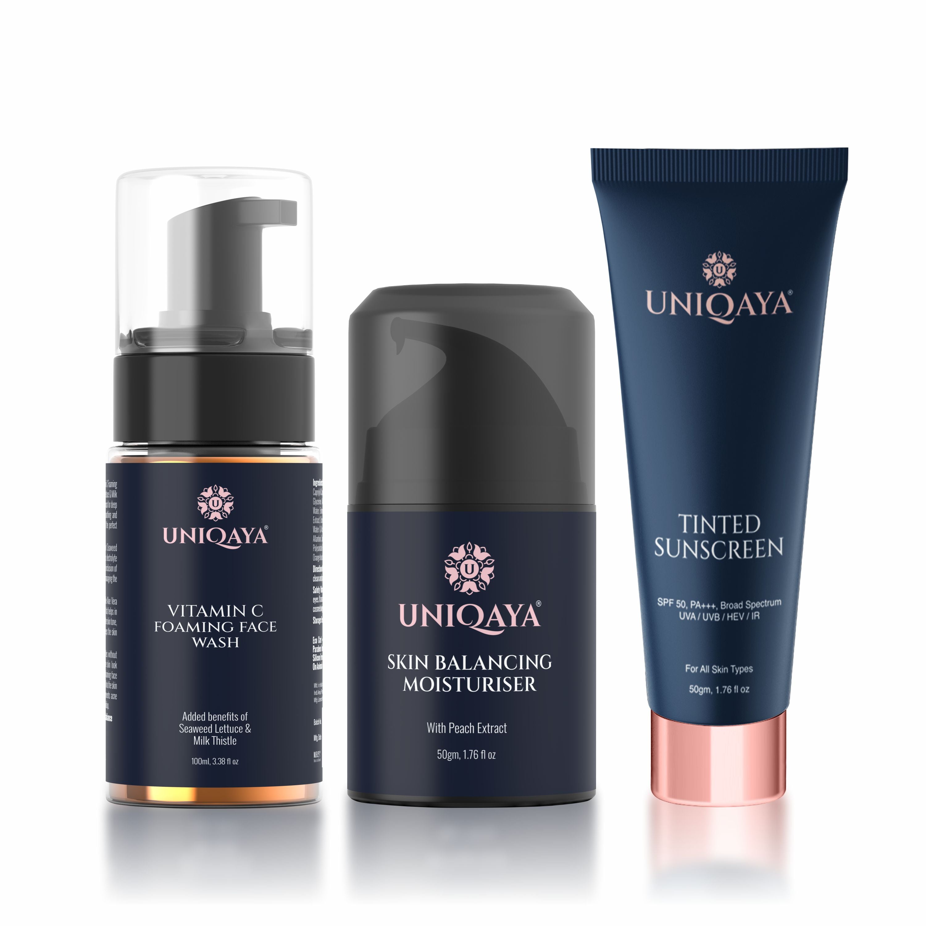 Uniqaya Vitamin C Foaming Face Wash, Skin Balancing Moisturiser, and Tinted Sunscreen  Skin Care Combo Pack