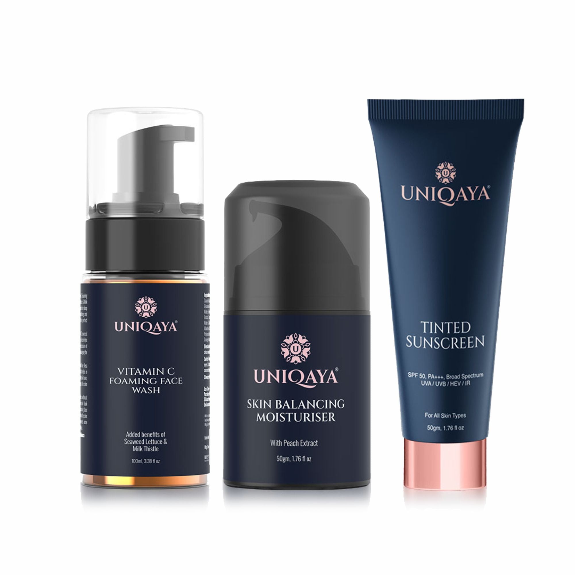 Uniqaya Cleanser, Moisturizer and Protection Skin Care Combo | Foaming Face Wash | Sunscreen SPF 50 | Skin Moisturizer