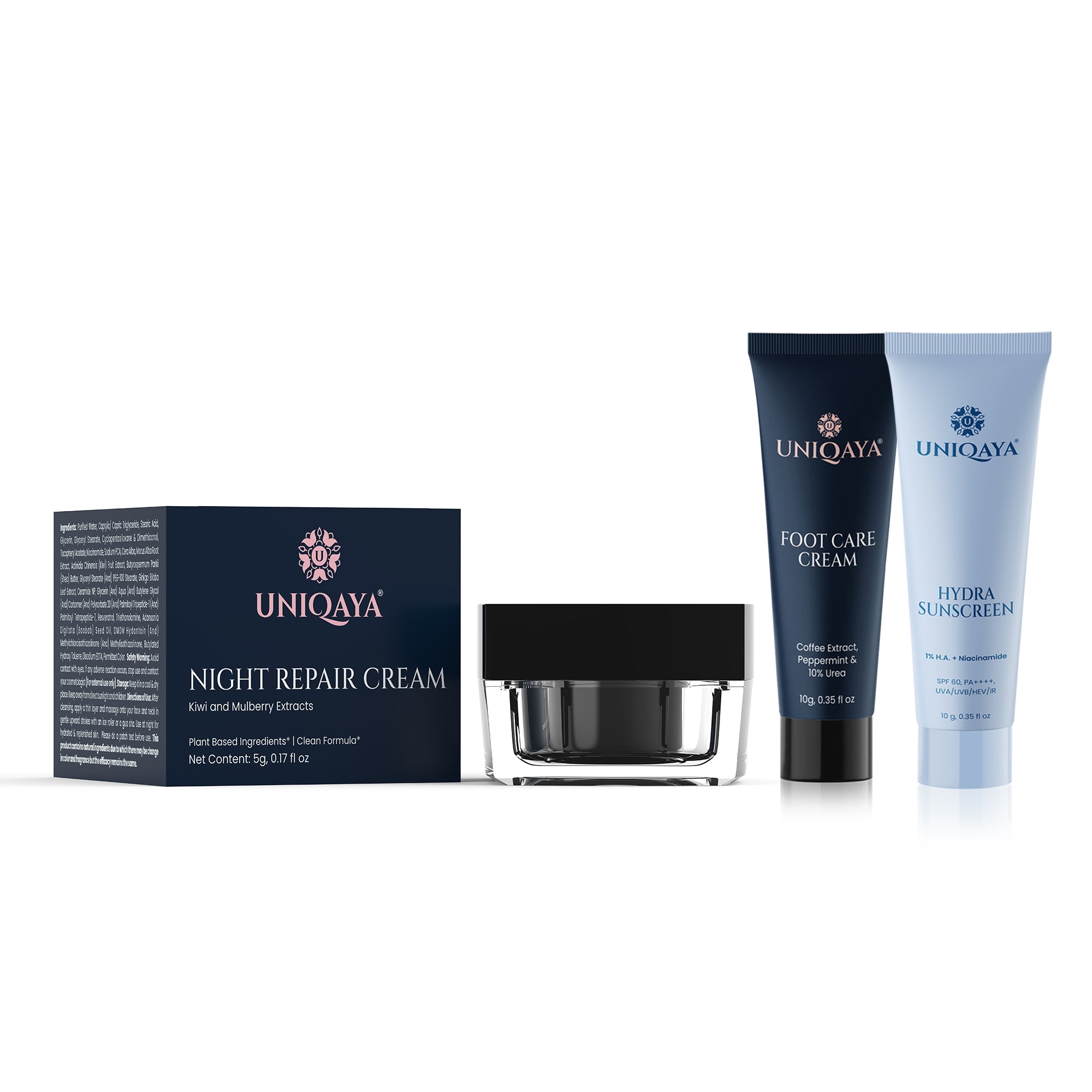 Uniqaya Night Cream, Hydra Sunscreen, and Foot Cream Trial Pack