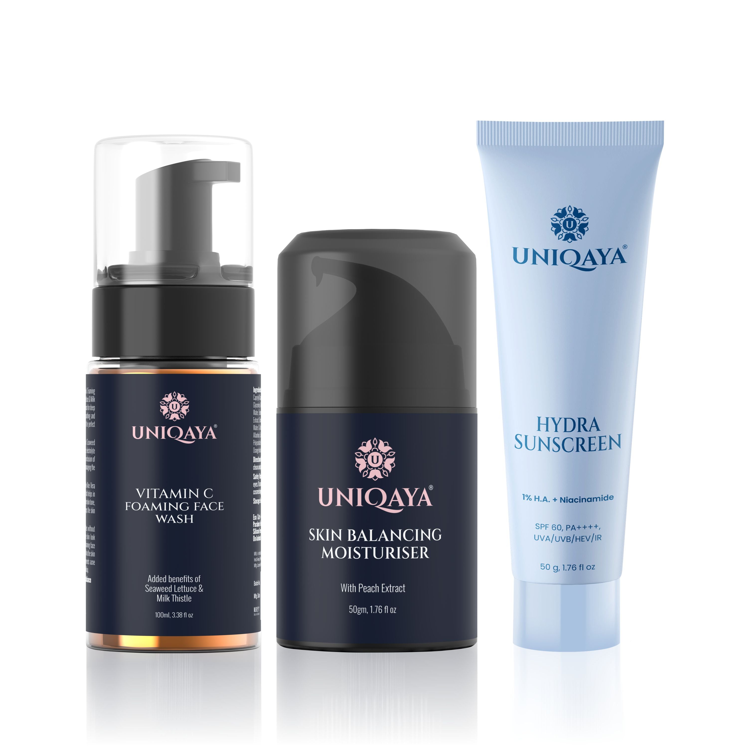 Vitamin C Foaming Face Wash, Skin Balancing Moisturiser, and Hydra Sunscreen | Skin Care Combo Pack